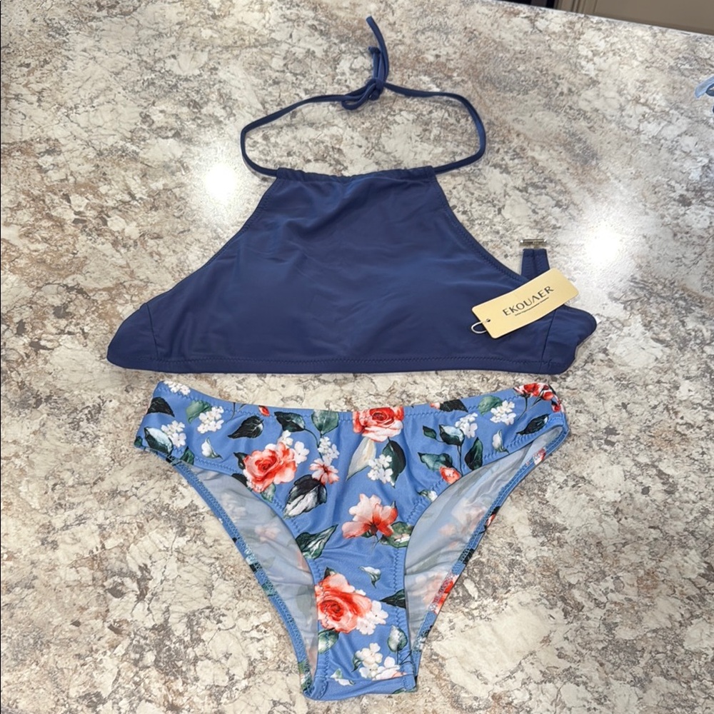 Blue Halter Bikini Set with Floral Bottoms
